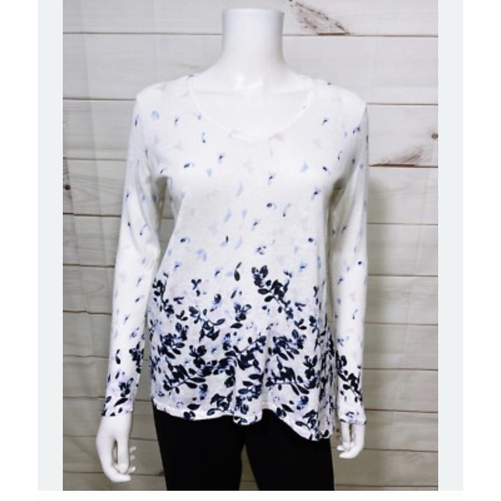J.Jill Womens Sweater Sz XS White Floral V-Neck Long Sleeve Linen & Cotton Top